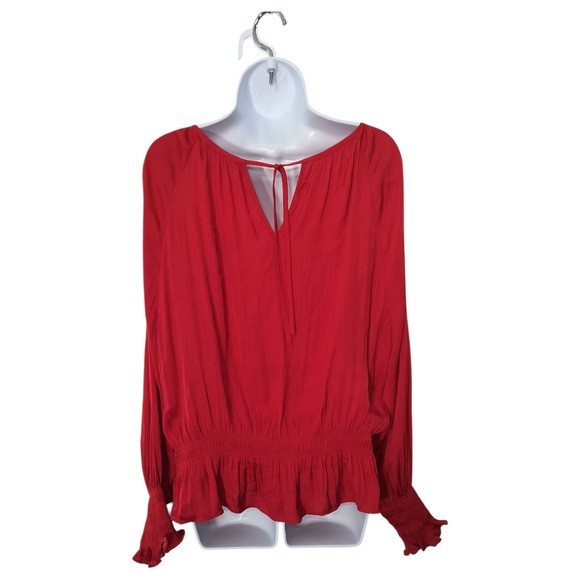 H&M Peasant Blouse Women's Sz 14 Red Long Sleeve Ruffle Shirred Waist Cuffs Top - Picture 9 of 12